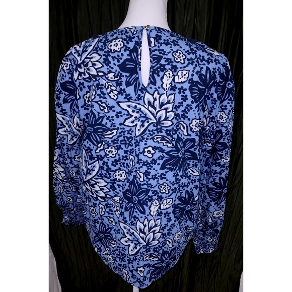 Sail to Sable Blue Floral Cotton Blouse Long Sleeve Smocked Cuff Large L STS - Picture 2 of 8